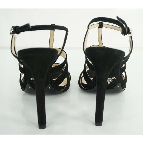 Prada Strappy Black Suede Strappy High Heel Cage Sandals Ankle Strap - Picture 7 of 10